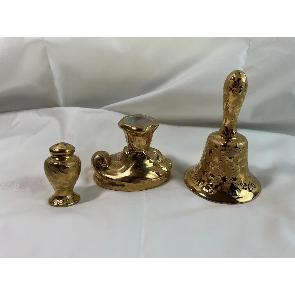 Set of 3 Dixon Art Studios 22 kt. Weeping Gold Candle Holder Salt Shaker Bell
